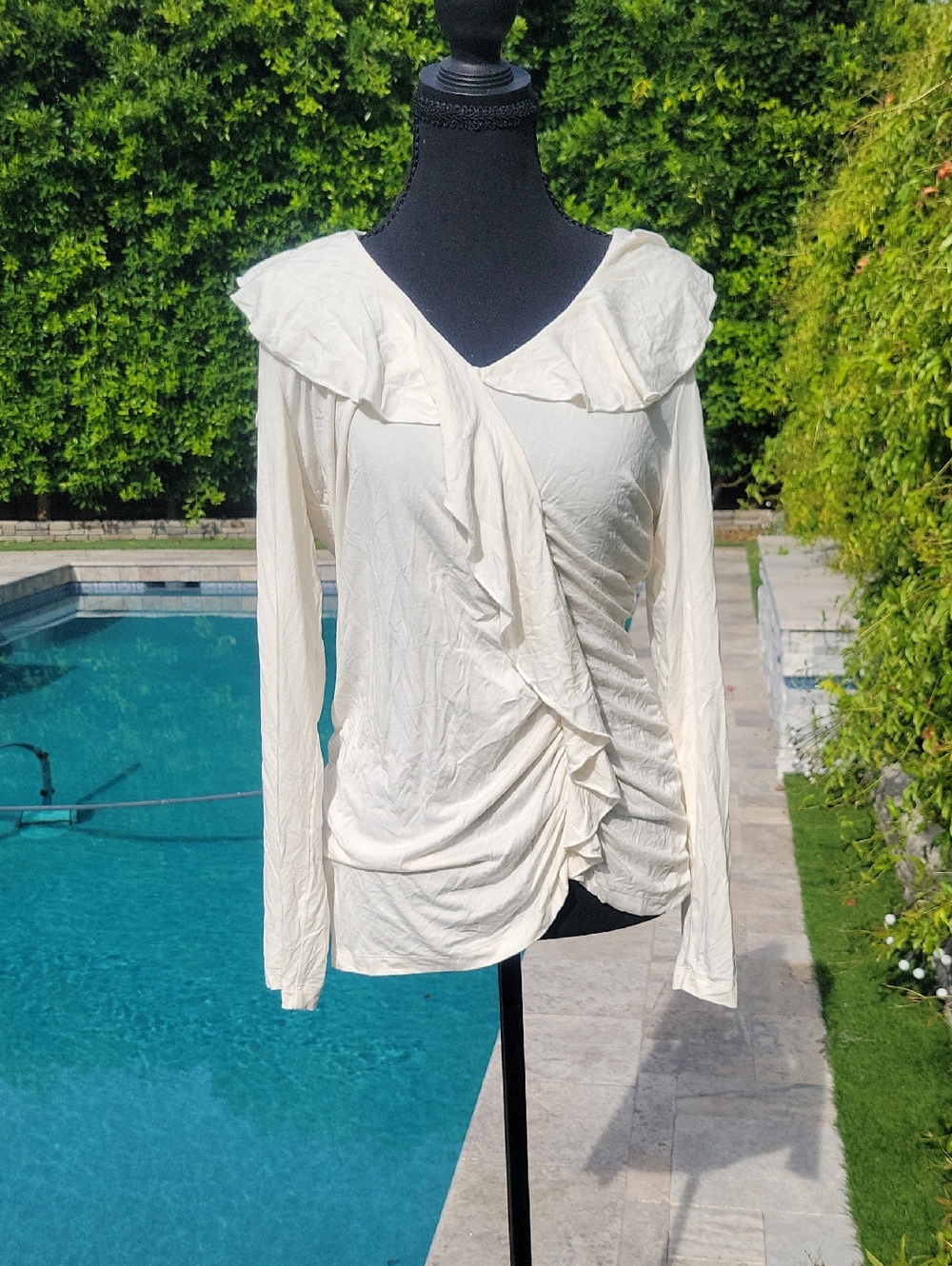 Cream Cold Shoulder Long Sleeve Ruffle Ruched Blouse Sz L
